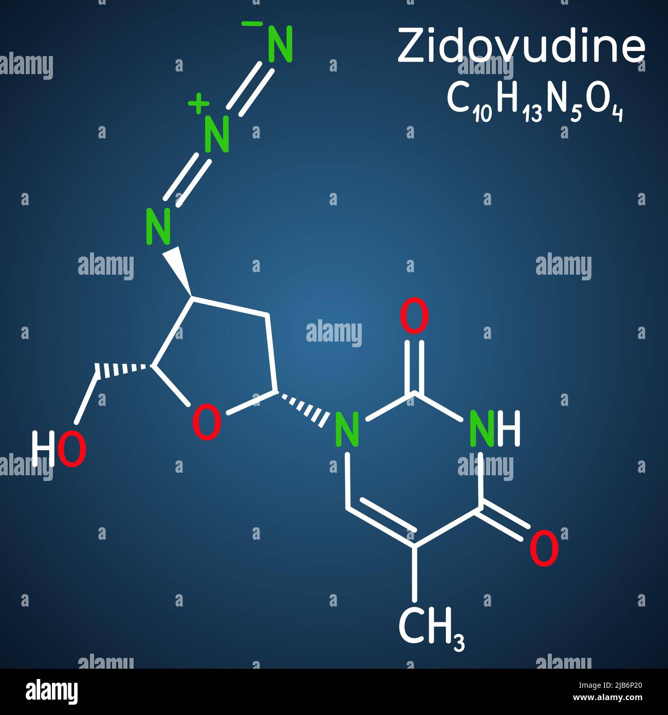Zidovudine, ZDV, azidothymidine, AZT molecule. It is synthetic dideoxynucleoside, used in the treatment of HIV and AIDS. Dark blue background. Vector Stock Vector