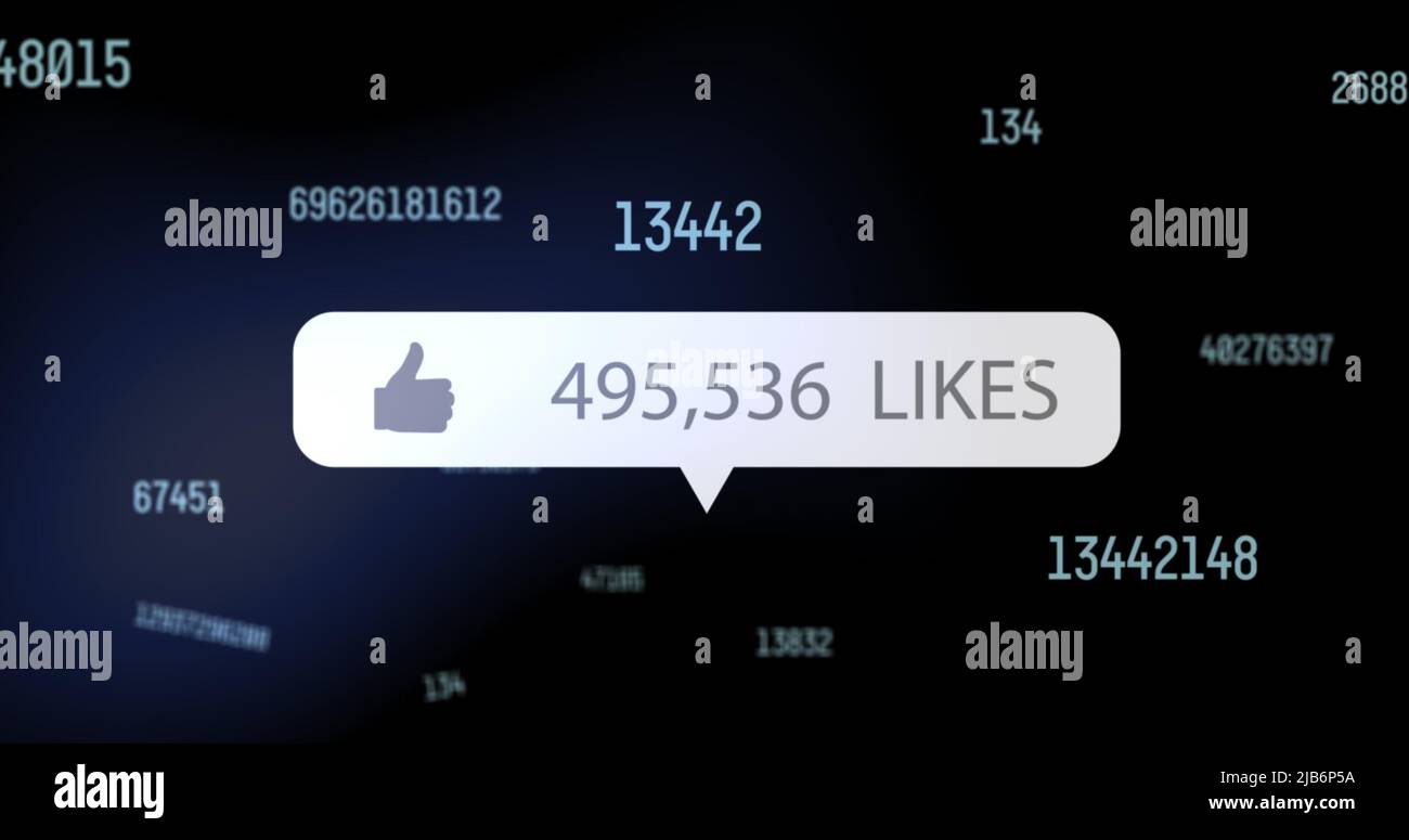 Image of social media like icon floating over changing numbers on black ...