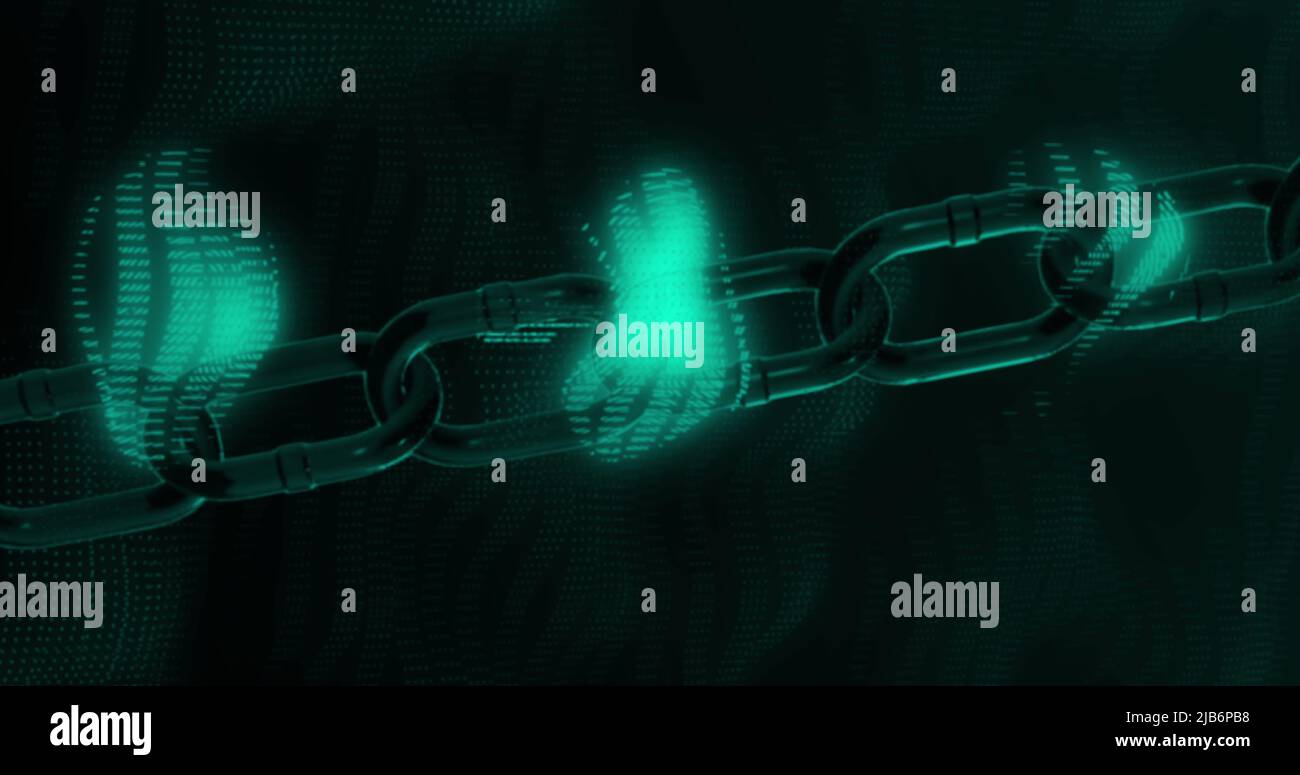 Image of data processing and chain over black background Stock Photo