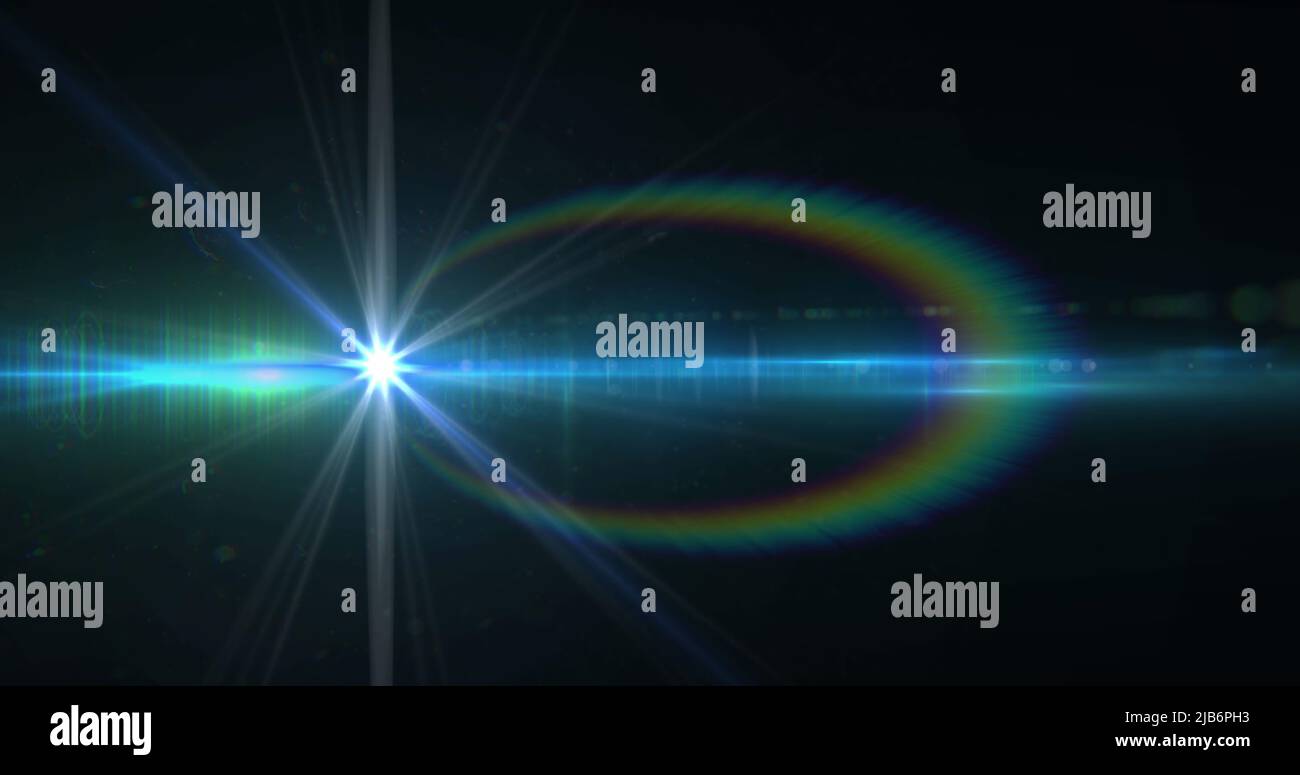 Image of white light with beam and curved prismatic lens flare on black