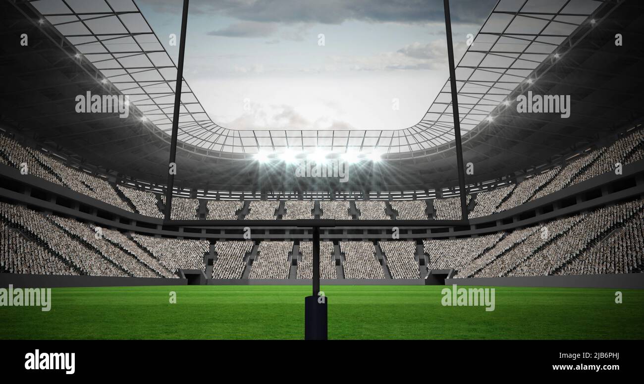 Image of american football goalposts and pitch, with cloudy sky at sports stadium Stock Photo