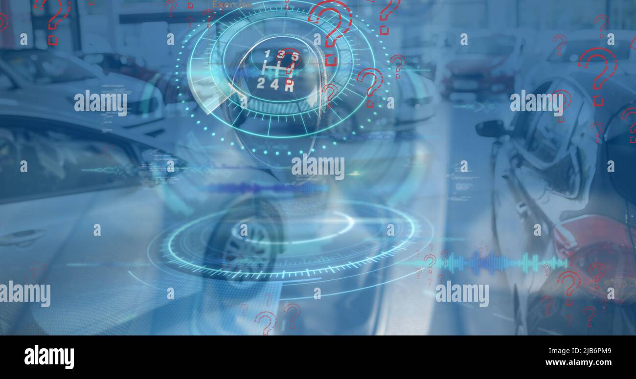 Image of question marks, data processing and gear over cars Stock Photo