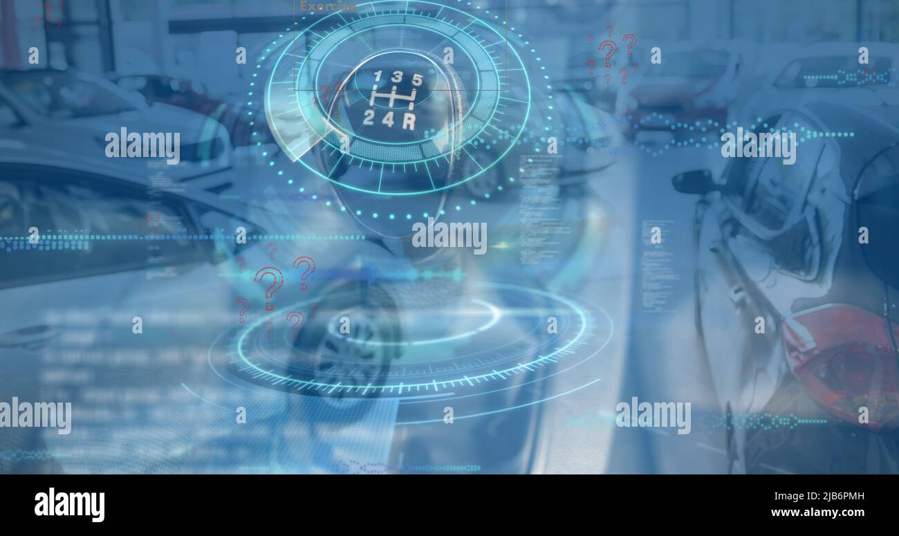 Image of question marks, data processing and gear over cars Stock Photo