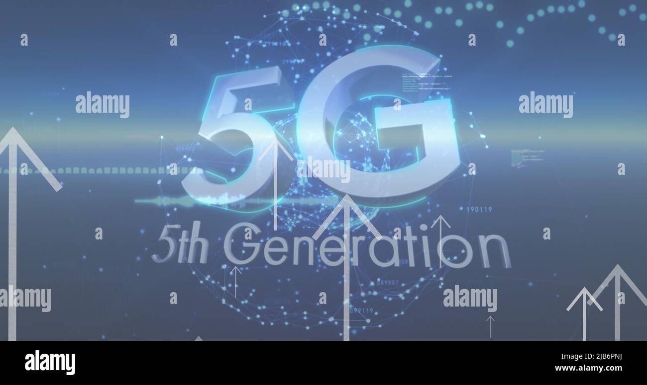 Image of arrows, data processing and 5g over globe in navy space Stock Photo