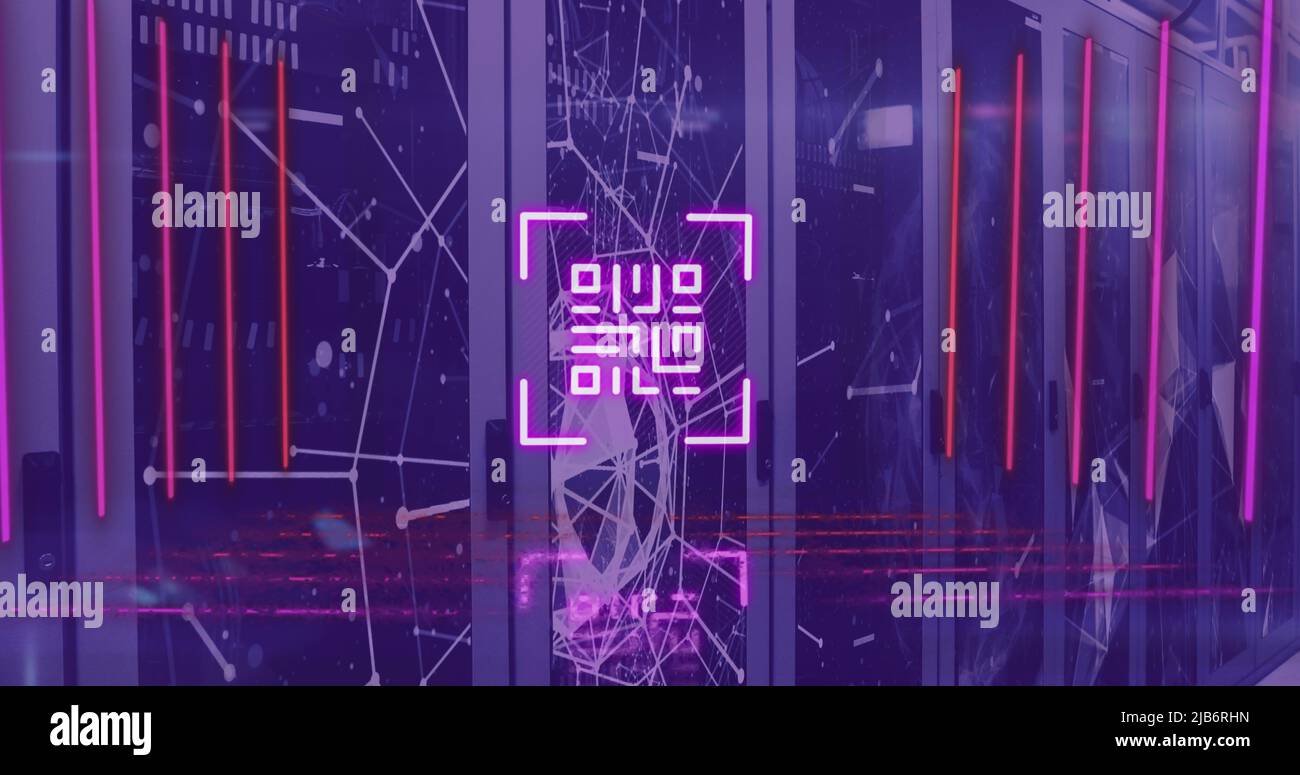 Image of qr code scanning over computer servers Stock Photo
