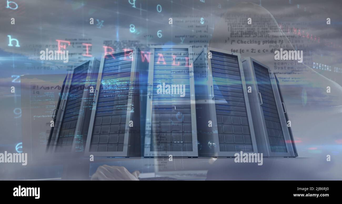 Image of cyber attack warning and data processing over computer servers Stock Photo