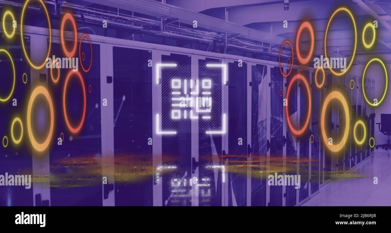 Image of qr code flashing with neon circles over computer servers Stock