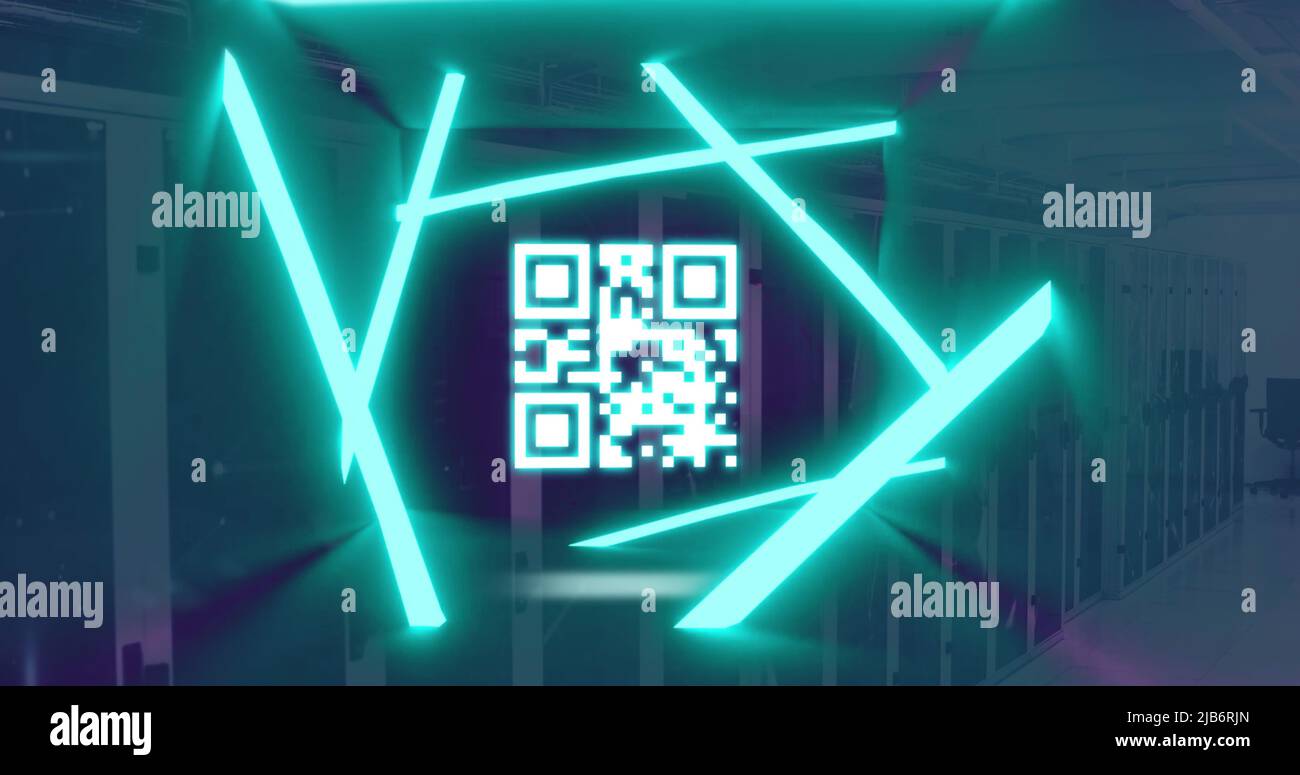 Image of qr code flashing with neon green lights over computer servers