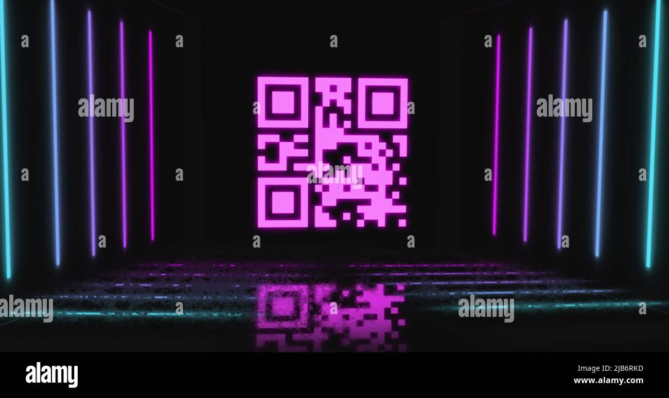 Image of qr code flashing over neon stripes Stock Photo