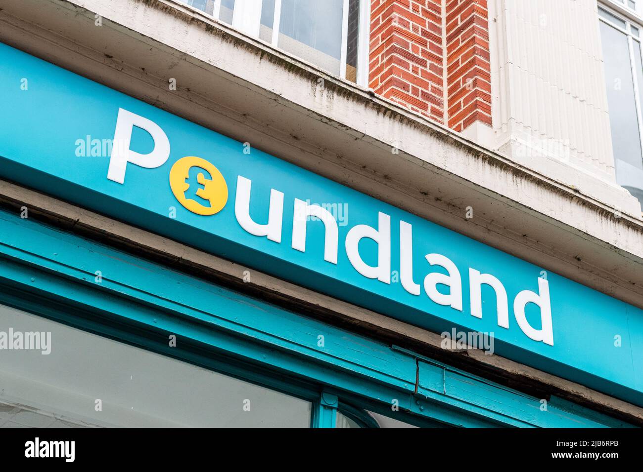 Discount store Poundland sign/shop frontage in the UK. Stock Photo