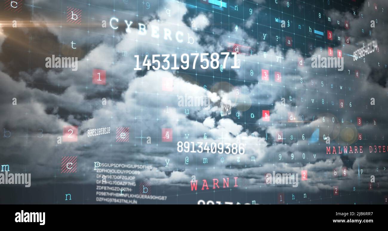 Image of numbers and computer code processing over cloudy sky Stock Photo
