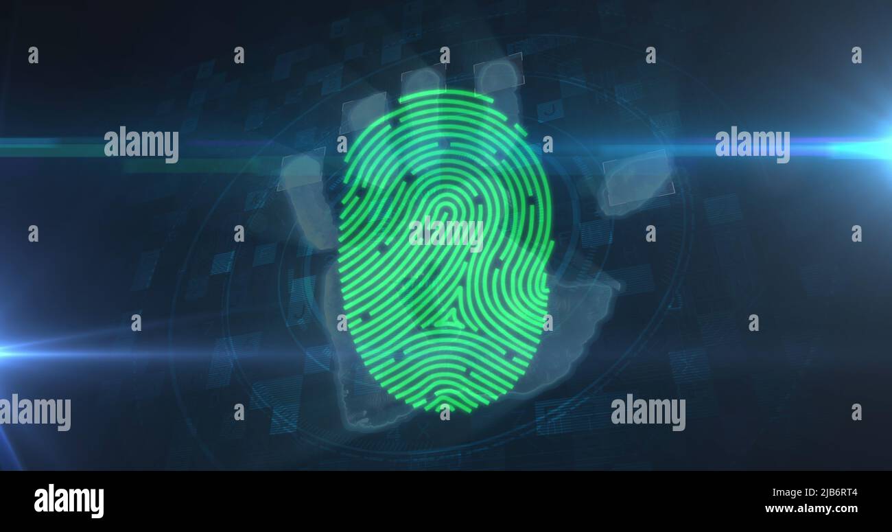 Digital image of human hand scanning over biometric fingerprint scanner ...