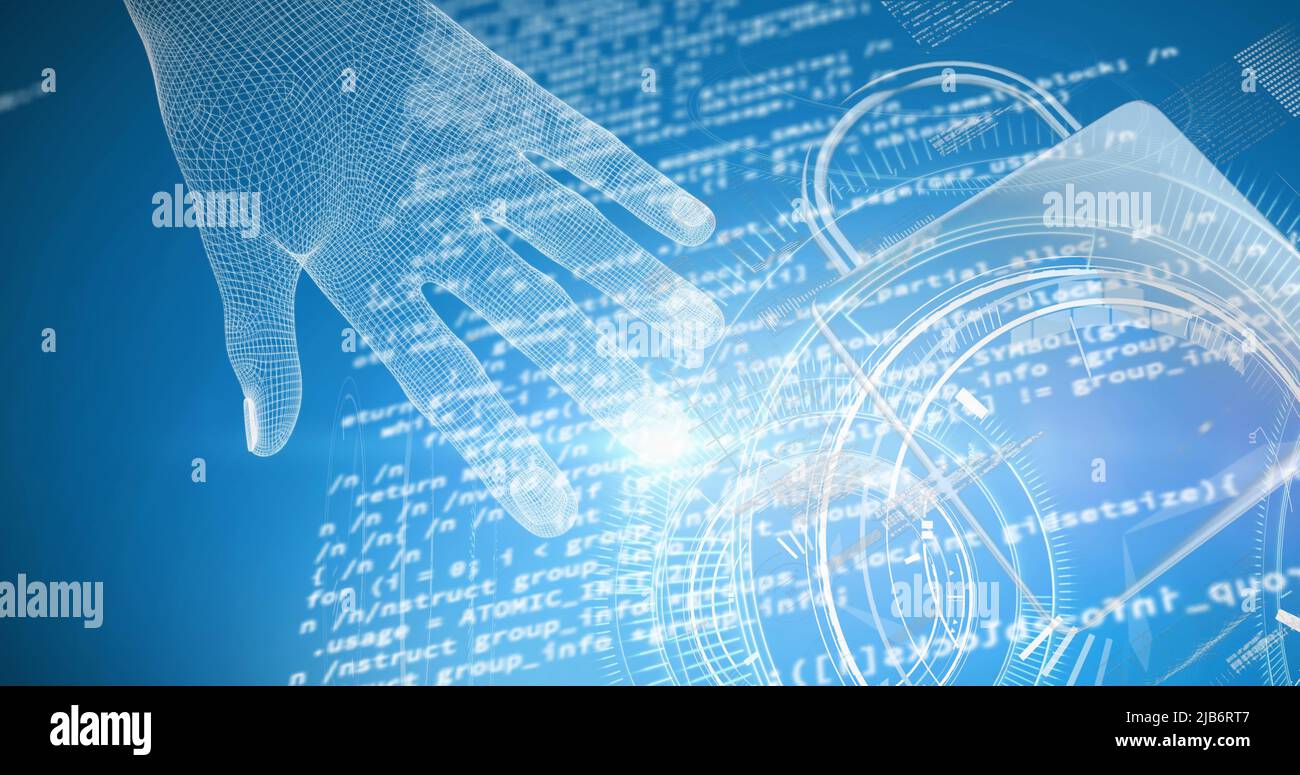 Human hand over security padlock icons and data processing on blue ...