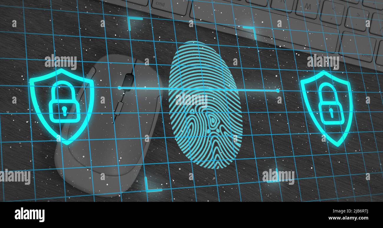 Fingerprint scanner and security padlock icon over grid network against mouse and keyboard Stock Photo