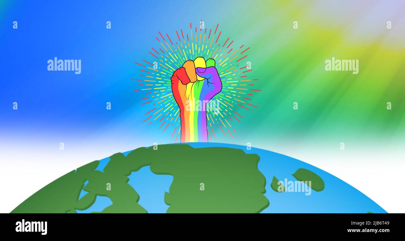 Image of rainbow fist over globe on rainbow background Stock Photo Alamy