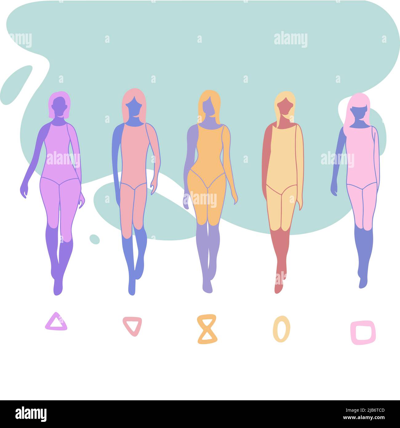 A set of female figure types, five types. Hourglass, X-silhouette. Pear, A-shaped  type. Rectangle, H-shaped silhouette. Apple, O-shaped type. Inverted Stock  Vector Image & Art - Alamy