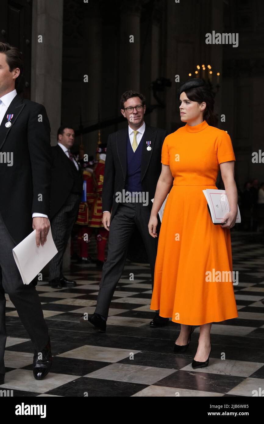 Princess Eugenie and Jack Brooksbank leaving the National Service of Thanksgiving at St Paul's Cathedral, London, on day two of the Platinum Jubilee celebrations for Queen Elizabeth II. Picture date: Friday June 3, 2022. Stock Photo