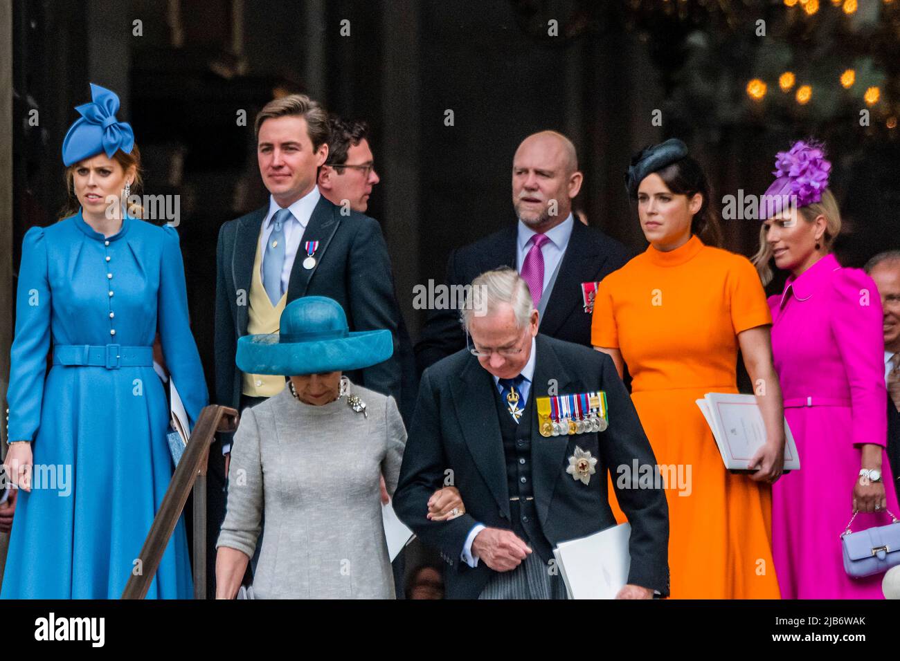 London, UK. 3rd June, 2022. Princess Eugenie and Princess beatrice leave  with Mike Tindal and Zara Phillips - The service of Thanksgiving at St Pauls  Cathedral as part of celebrations for the