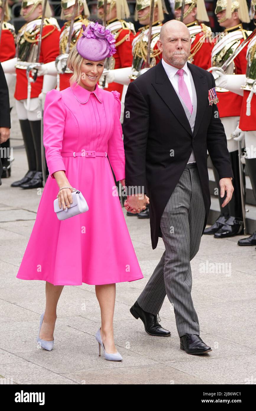 Zara Tindall and her husband Mike Tindall arrive for the National Service  of Thanksgiving at St Paul's Cathedral, London, on day two of the Platinum  Jubilee celebrations for Queen Elizabeth II. Picture
