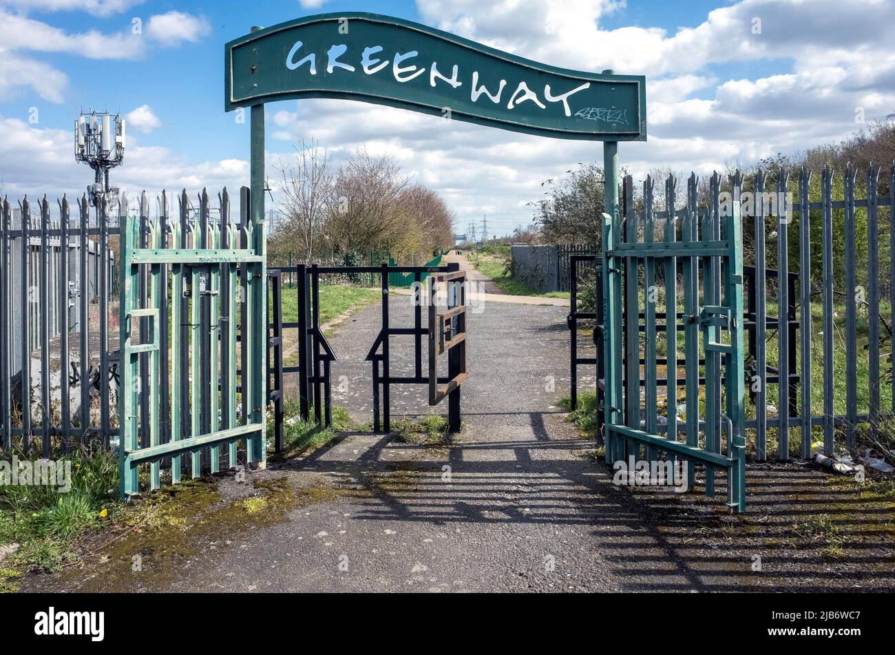 Greenway Cycle and footpath which runs on top of sewage pipe. View towards Beckton in East London. Stock Photo
