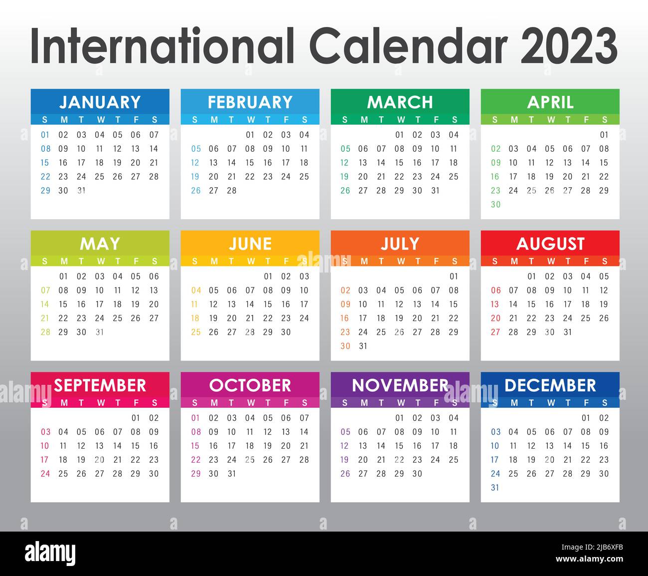 Colorful Calendar year 2023 vector design template, simple and clean design. Calendar for 2023on White Background for organization and business. Stock Vector