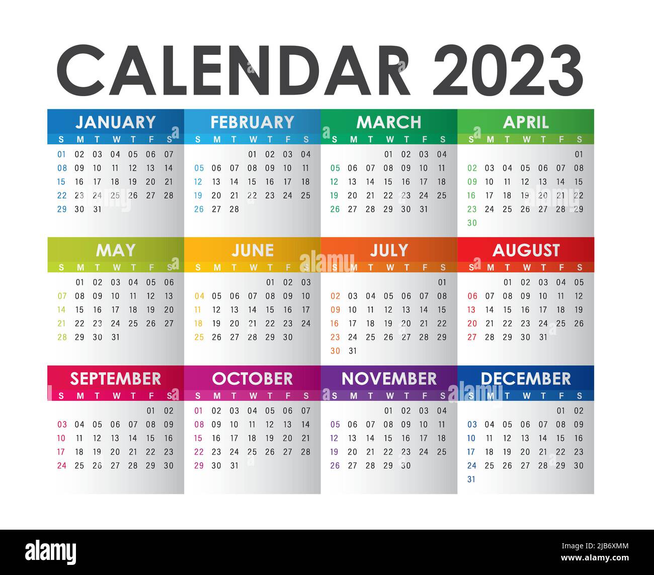 Colorful Calendar year 2023 vector design template, simple and clean design. Calendar for 2023on White Background for organization and business. Stock Vector