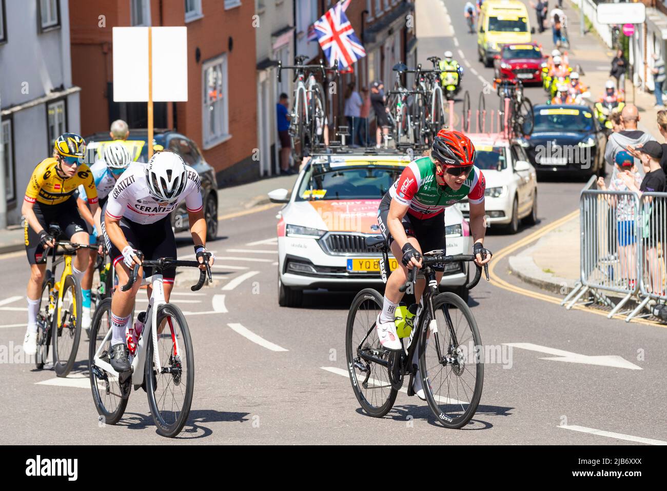 Georgia Whitehouse of IBCT cycling team leading a small group of riders at the RideLondon Classique cycle race stage 1 at Maldon Essex UK Stock Photo Alamy