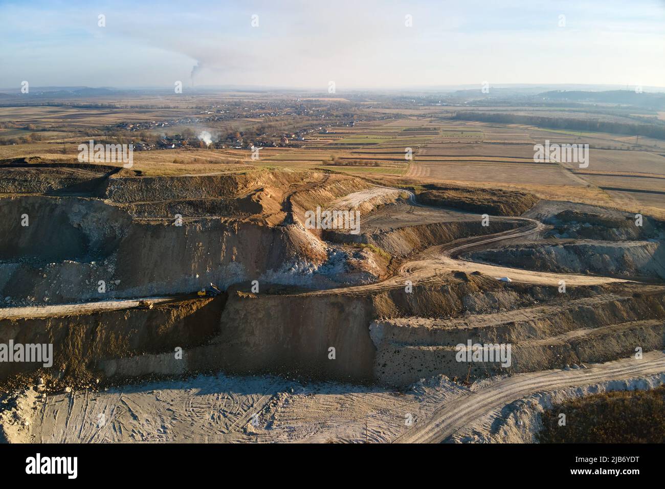 Aerial view of open pit mine of sandstone materials for construction ...