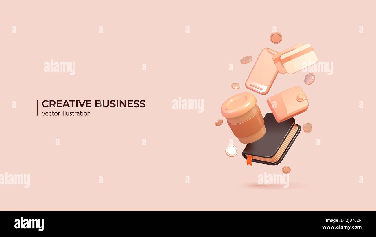 Business as an important part of modern life. Realistic 3d design of business life items in cartoon minimal style. Vector illustration Stock Vector
