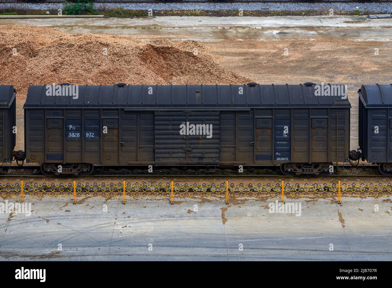 Freight train carriage in freight train station Stock Photo Alamy