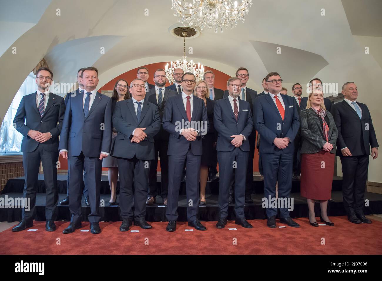 Prague, Czech Republic. 03rd June, 2022. Members of Czech and Polish government pose for a group photo before a joint press conference. A joint meeting of Czech and Polish governments took place today on the 3rd of June in Prague. Members of both governments discuss current situation in Ukraine, common energy security, the upcoming Czech presidency of the Council of the European Union, and other topics. (Photo by Tomas Tkacik/SOPA Images/Sipa USA) Credit: Sipa USA/Alamy Live News Stock Photo