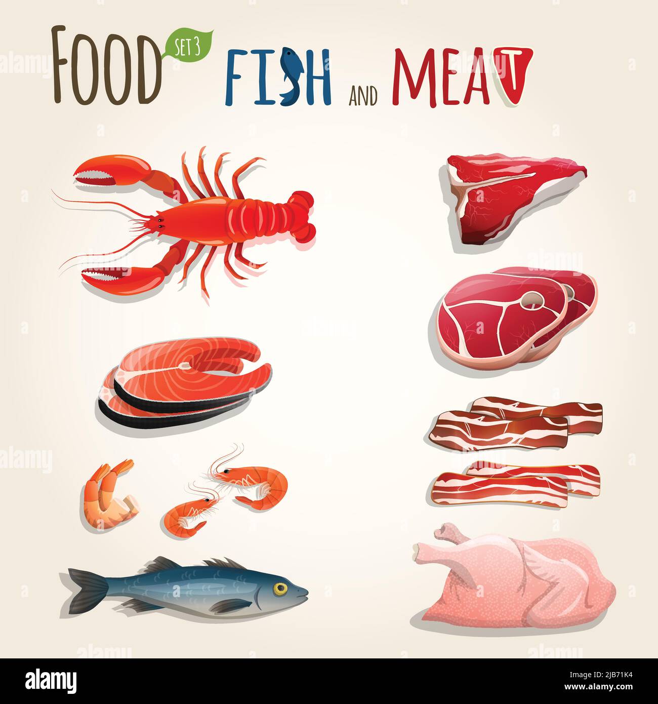 Food fish and meat decorative elements collection of chicken shrimp ...