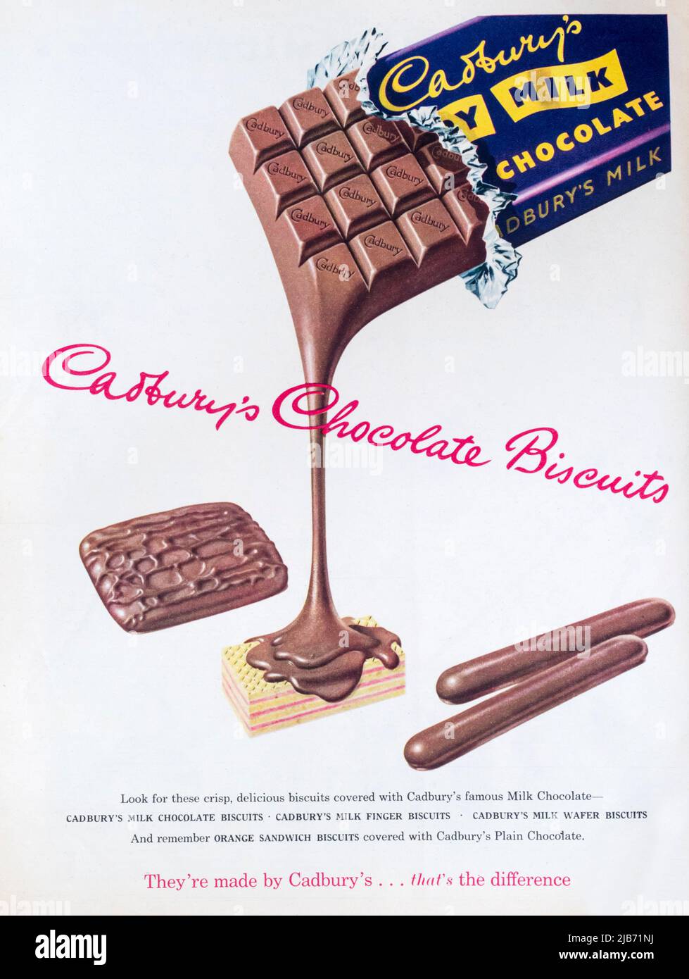 1950s magazine advertisement for Cadbury's Chocolate Biscuits. Stock Photo