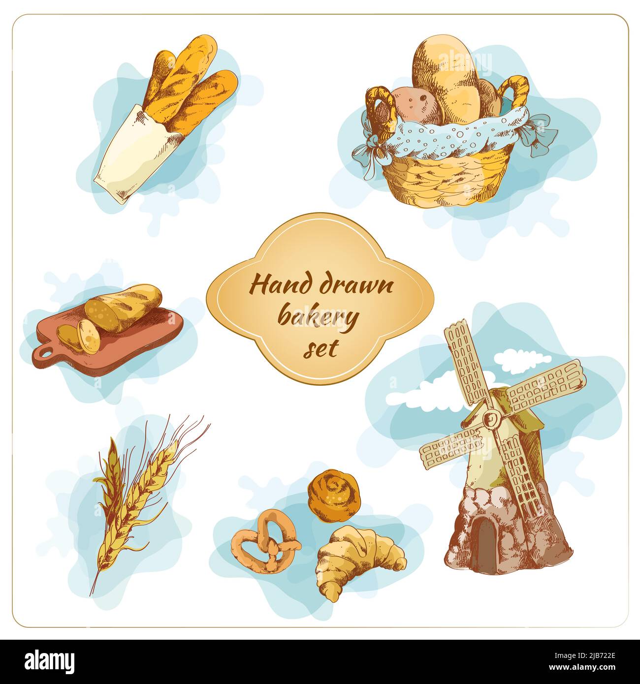 Bakery bread and pastry food hand drawn decorative elements set vector ...