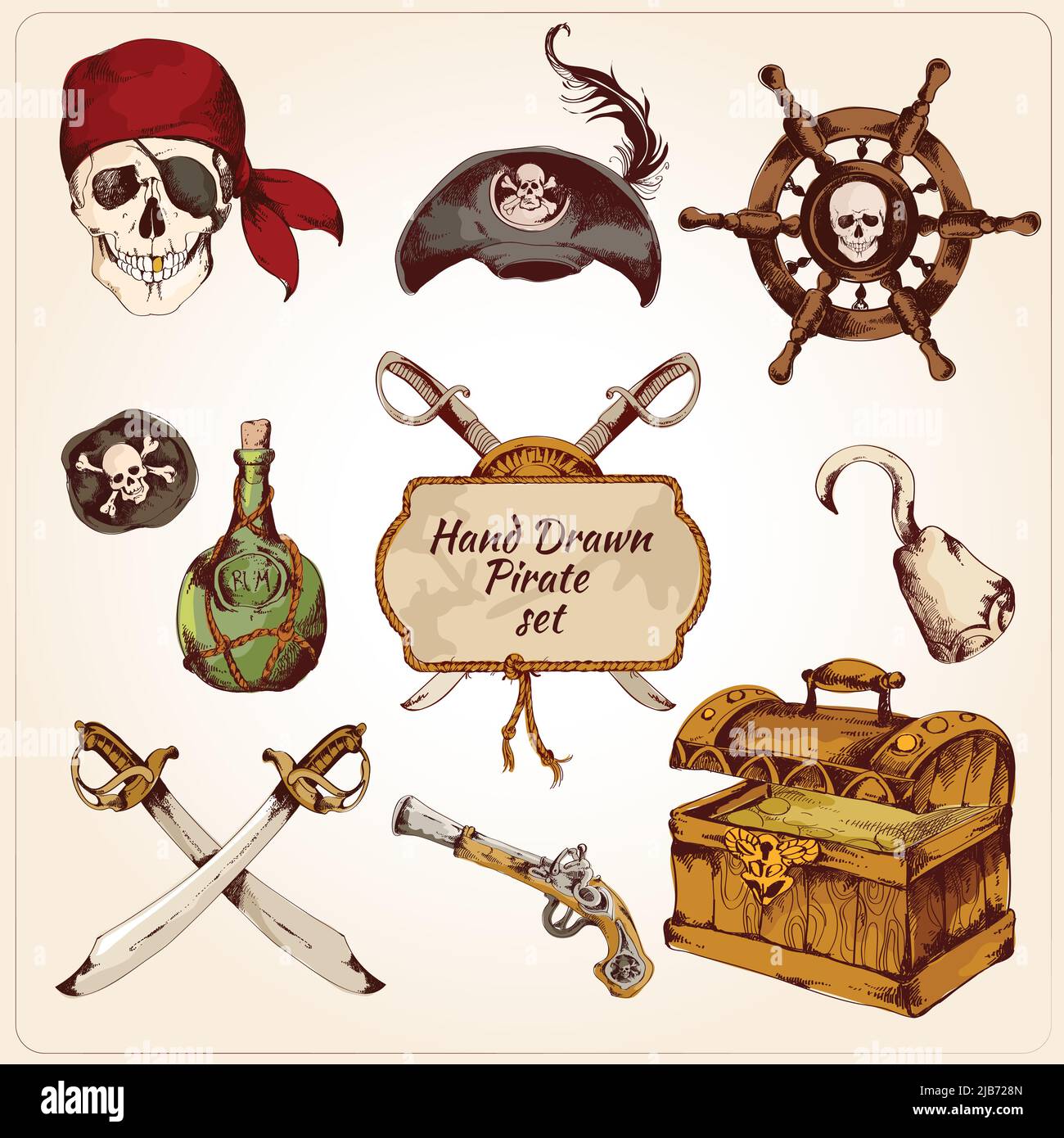 Hand drawn colored pirates decorative icons set of gun hook sword ...