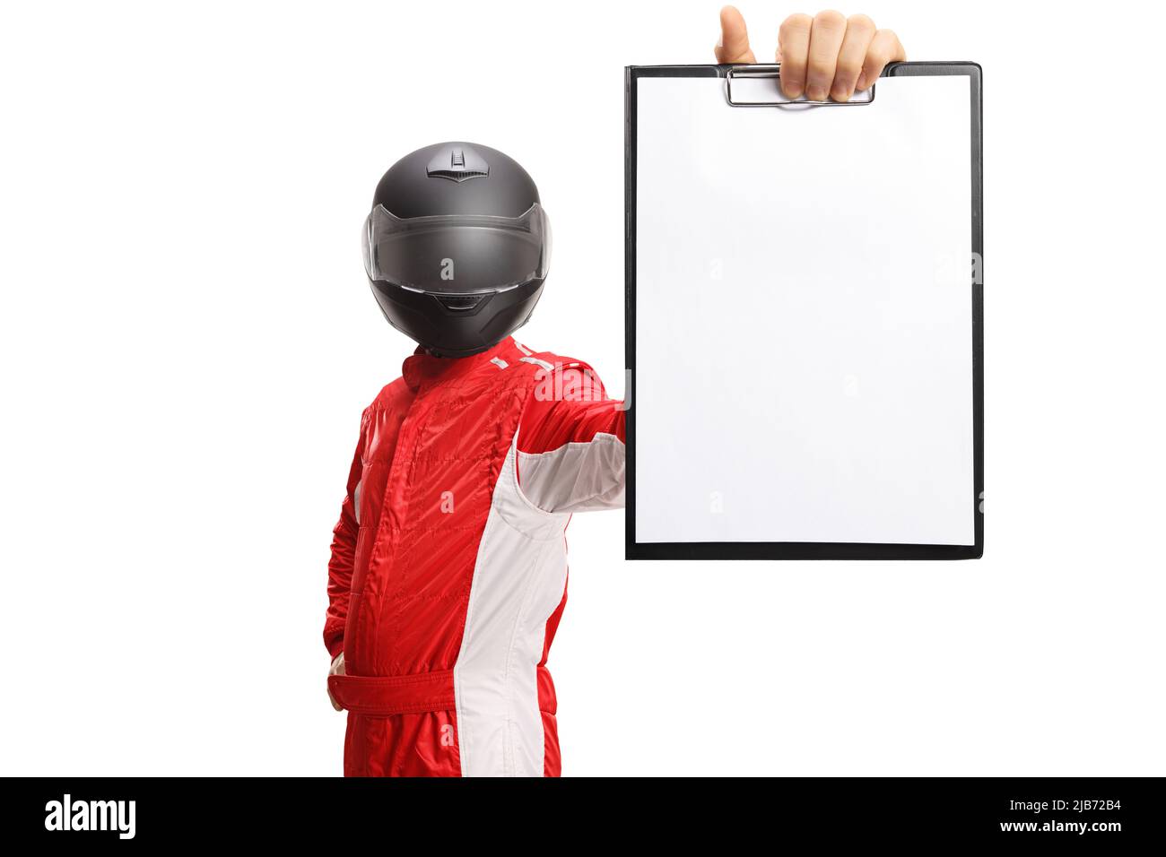 Motorsport racer with a helmet holding a clipboard with a blank document isolated on white background Stock Photo