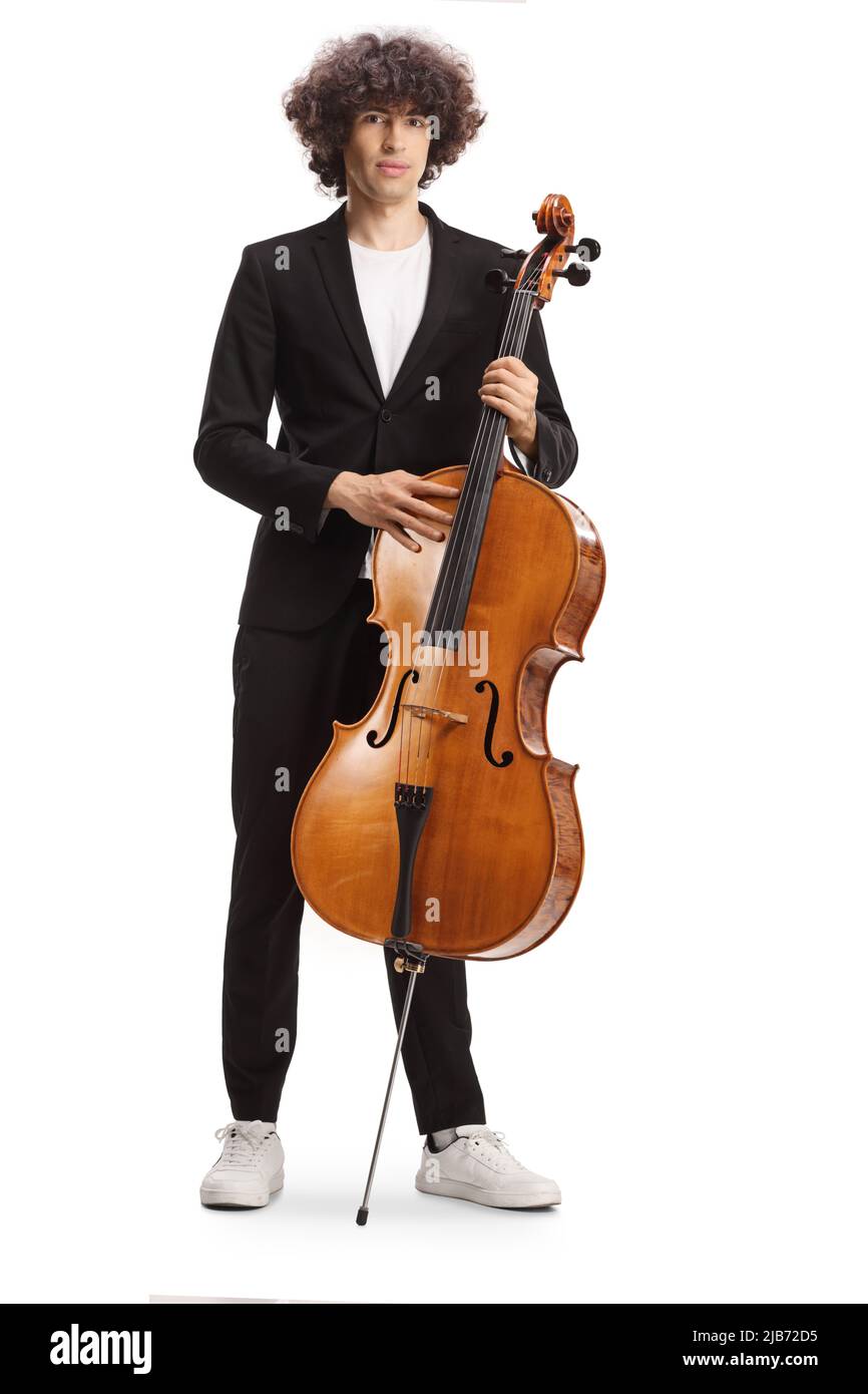 Young male musician with a contrabass isolated on white background ...