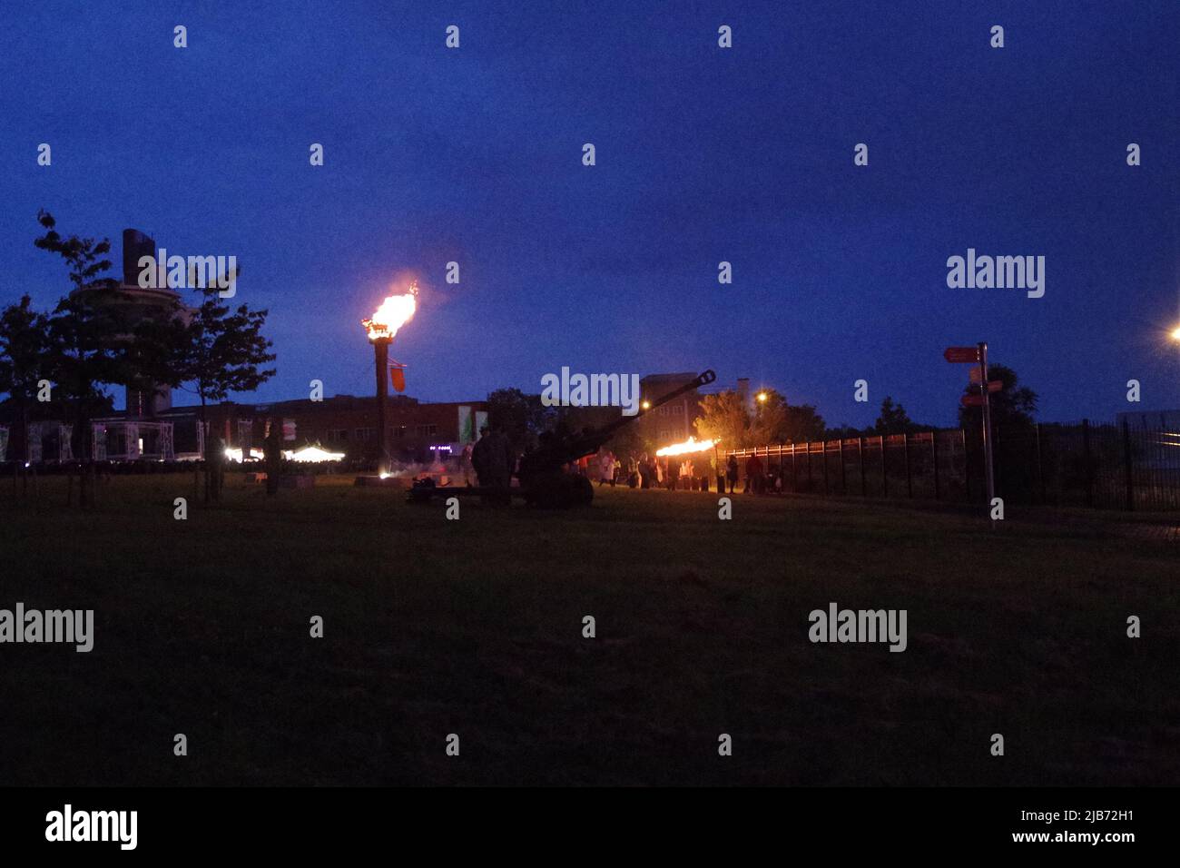 Wallsend, England, 2 June 2022. North Tyneside's beacons are lit at Segedunum Roman Fort. There were seven in all, six small ones and one large one to represent the seventy years of the Platinum Jubilee Credit: Colin Edwards Stock Photo