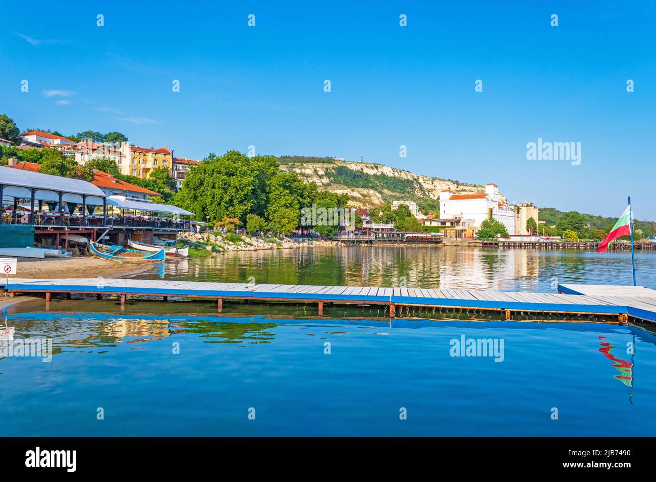 Coastal promenade with restaurants of Balchik resort town at Black Sea ...