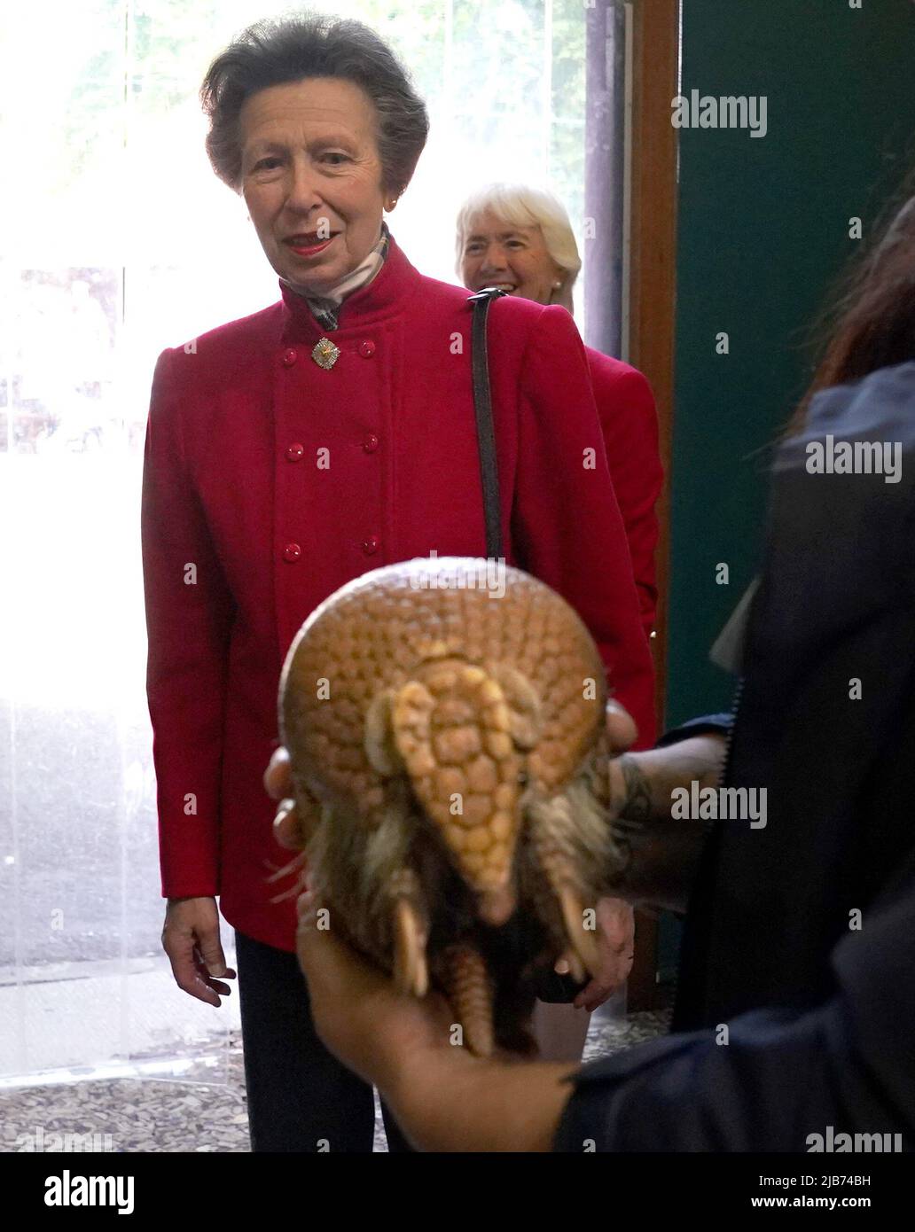 The Princess Royal views an armadillo during her visit to Edinburgh Zoo, as members of the Royal Family visit the nations of the UK to celebrate Queen Elizabeth II's Platinum Jubilee. Picture date: Friday June 3, 2022. Stock Photo
