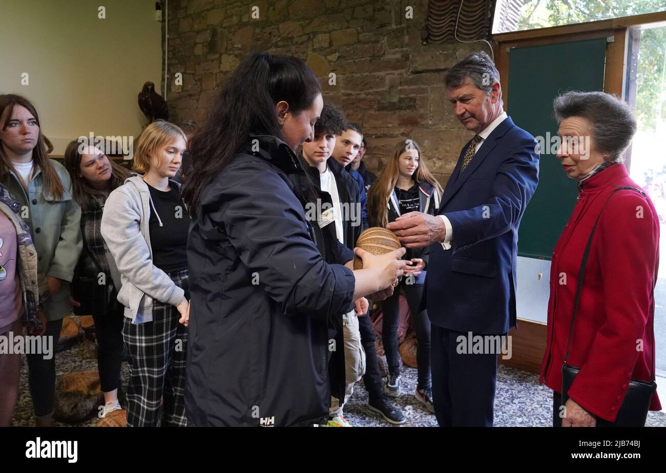 The Princess Royal, accompanied by Vice Admiral Sir Tim Laurence as he touches an armadillo during her visit to Edinburgh Zoo, as members of the Royal Family visit the nations of the UK to celebrate Queen Elizabeth II's Platinum Jubilee. Picture date: Friday June 3, 2022. Stock Photo