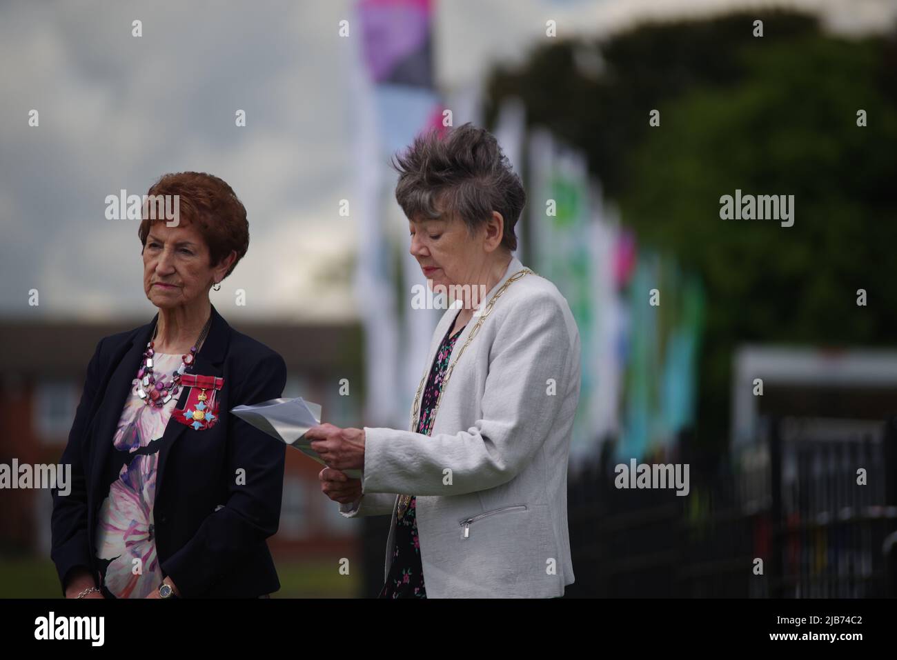 Wallsend, England, 2 June 2022. North Tyneside's Elected Mayor, Norma Redfearn and Council Chair Cllr Pat Oliver reading a specially written proclamation heralding the lighting of the beacons later in the day at Segedunum Roman Fort. Credit: Colin Edwards Stock Photo
