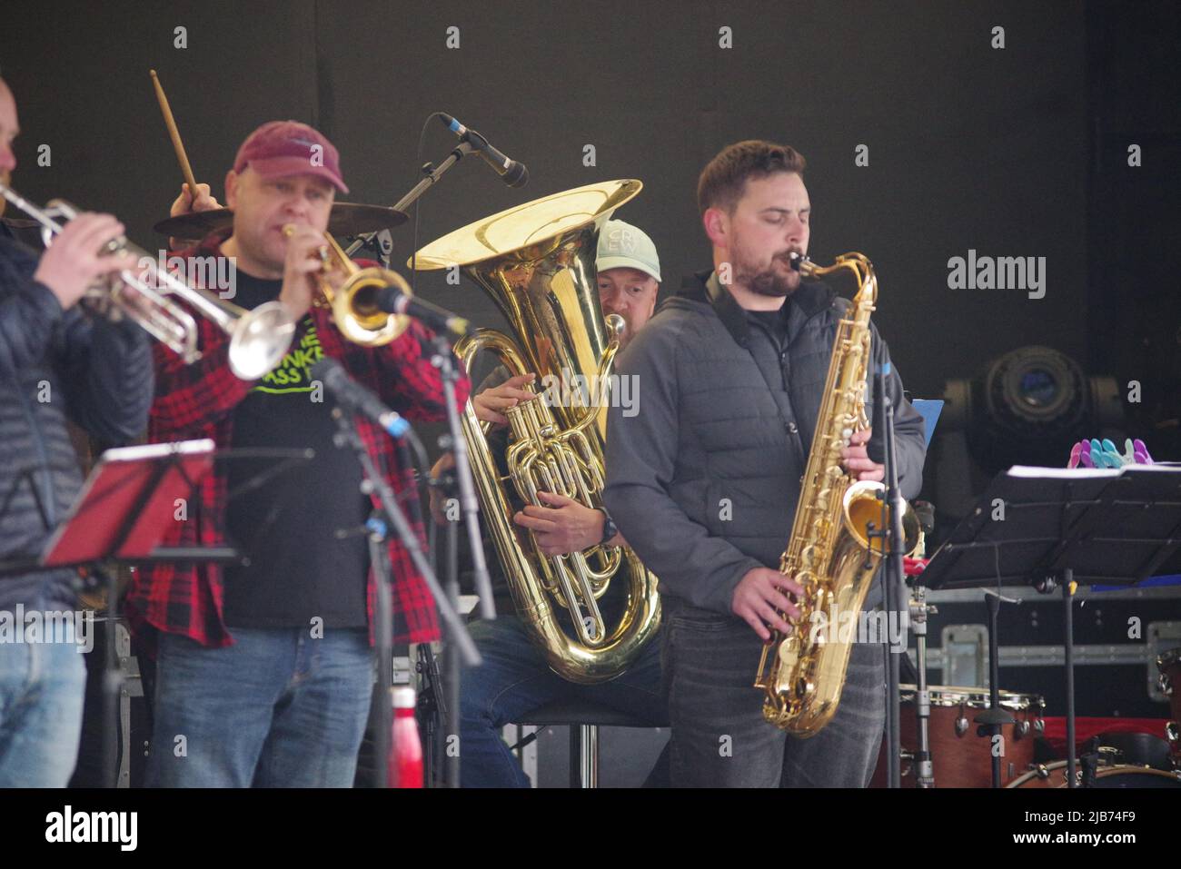 Wallsend, England, 2 June 2022. Northern Monkey Brass Band during a sound check at the Queen’s Platinum Jubilee event at Segedunum Roman Fort. Credit: Colin Edwards Stock Photo