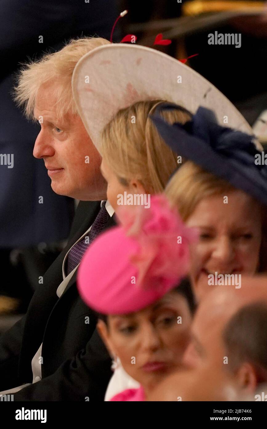 British Prime Minister Boris Johnson, his wife, Carrie Johnson, Foreign Secretary Liz Truss and Home Secretary Priti Patel attend the National Service of Thanksgiving held at St Paul's Cathedral, during Britain's Queen Elizabeth's Platinum Jubilee celebrations, in London, Britain, June 3, 2022. Victoria Jones/Pool via REUTERS Stock Photo