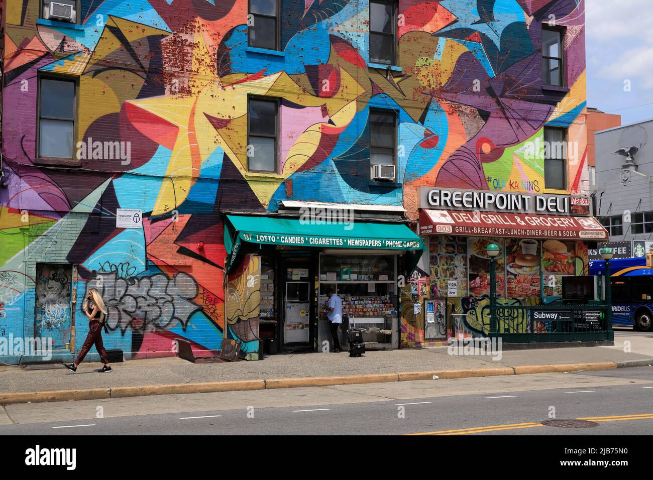 Public mural on a building by the Greenpoint Subway entrance.Greenpoint. Brooklyn. New York City.USA Stock Photo