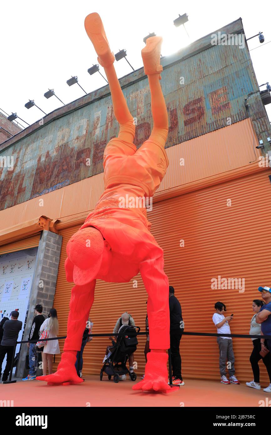 Visitors waiting in line to go into the Louis Vuitton and Nike Air Force 1  by Virgil Abloh exhibition at the Greenpoint Terminal Warehouse in  Greenpoint. Brooklyn.New York City.USA Stock Photo 