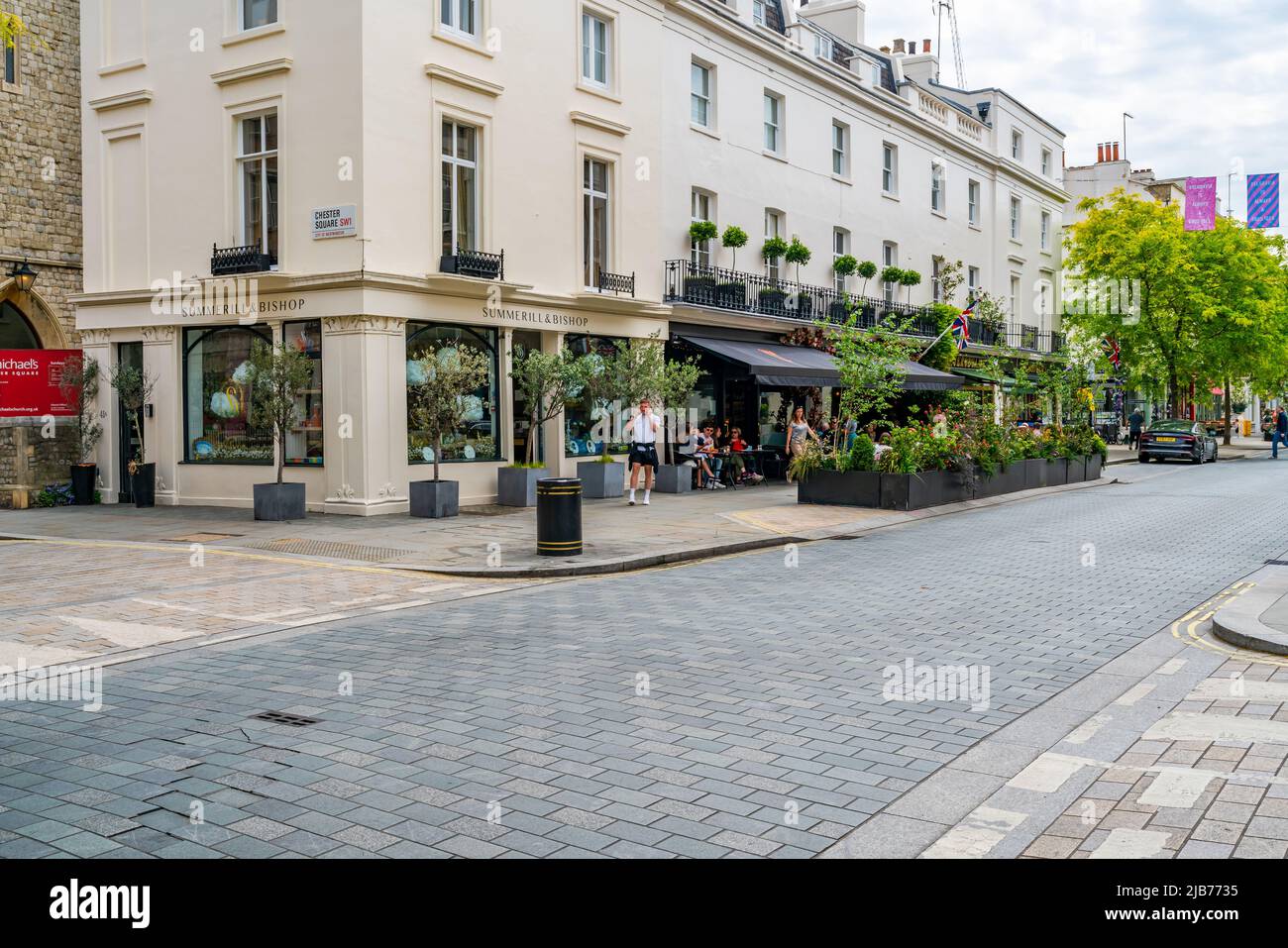 LONDON, UK - JUNE 03, 2022: Street view in Belgravia district, an affluent area known for the smart boutiques and high-end restaurants Stock Photo