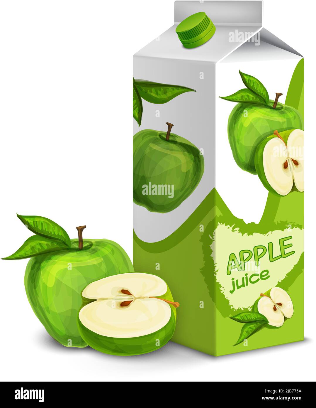 Juice carton box pack 3d with whole and cut apple isolated vector