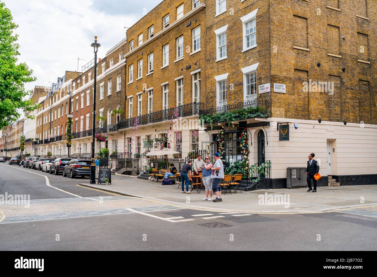 LONDON, UK - JUNE 03, 2022: Street view in Belgravia district, an affluent area known for the smart boutiques and high-end restaurants Stock Photo