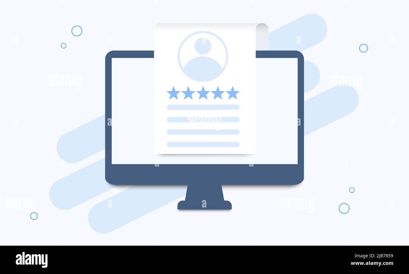 Computer with a list of customer reviews in a flat design. Template for